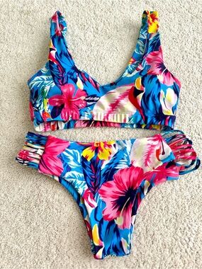 Blue Pink Tropical Floral Bikini Set